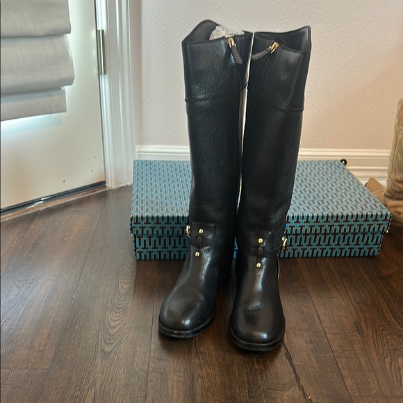 Tory Burch Black Leather Boots with Gold Accents - Picture 2 of 3